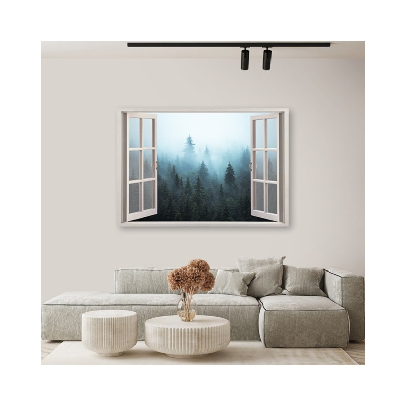 Leinwandbild - Fenster anzeigen Wald in Nebel Natur | Feeby