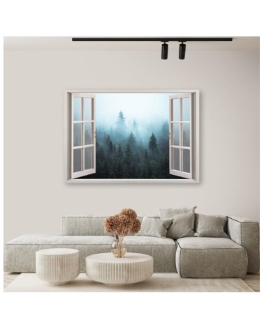 Leinwandbild - Fenster anzeigen Wald in Nebel Natur | Feeby