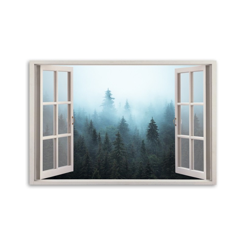 Leinwandbild - Fenster anzeigen Wald in Nebel Natur | Feeby