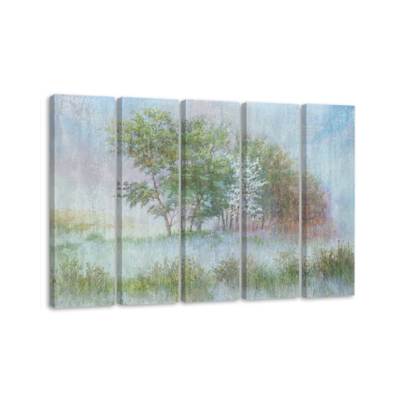 Leinwandbild - Bäume auf einer nebligen Wiese | Feeby