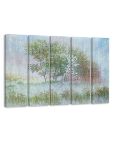 Leinwandbild - Bäume auf einer nebligen Wiese | Feeby