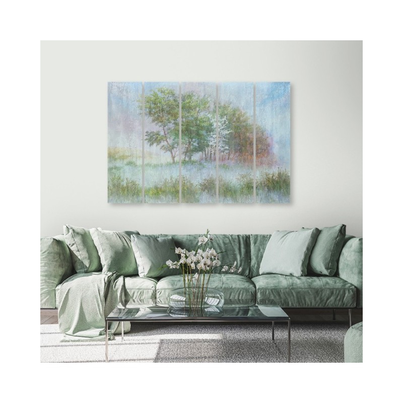 Leinwandbild - Bäume auf einer nebligen Wiese | Feeby