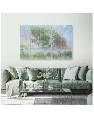 Leinwandbild - Bäume auf einer nebligen Wiese | Feeby