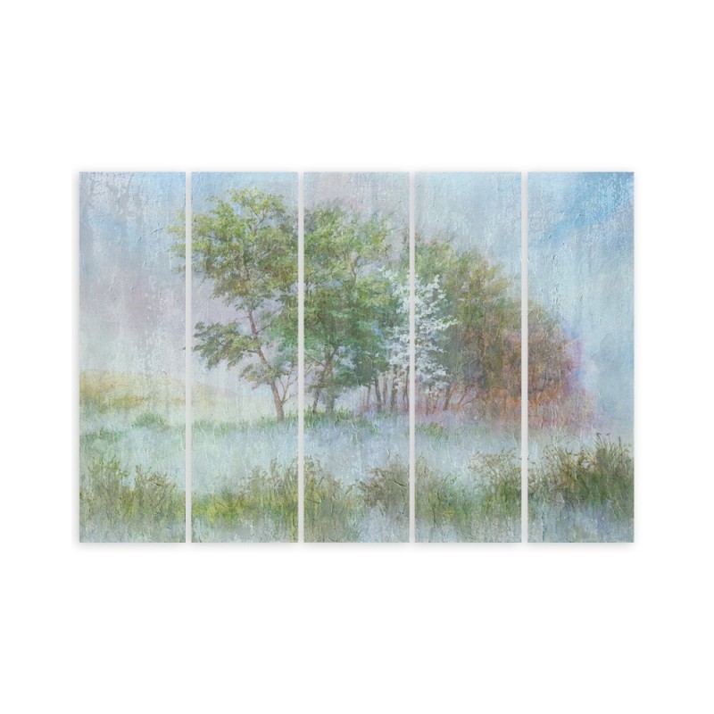 Leinwandbild - Bäume auf einer nebligen Wiese | Feeby