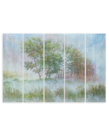 Leinwandbild - Bäume auf einer nebligen Wiese | Feeby