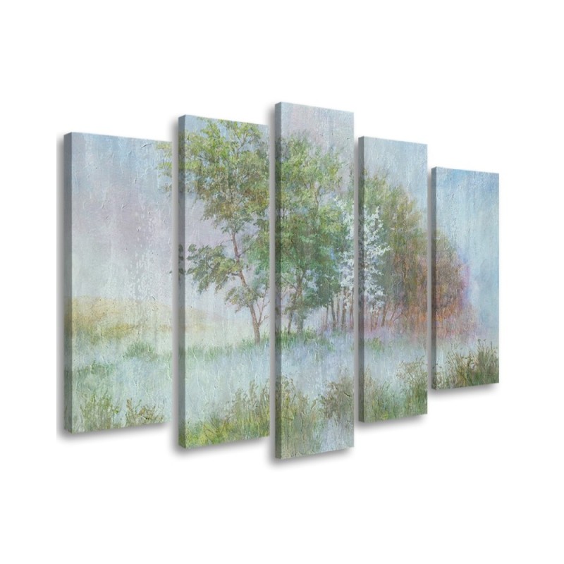 Modernes Wandbild - Bäume auf einer nebligen Wiese | Feeby