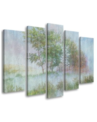 Modernes Wandbild - Bäume auf einer nebligen Wiese | Feeby