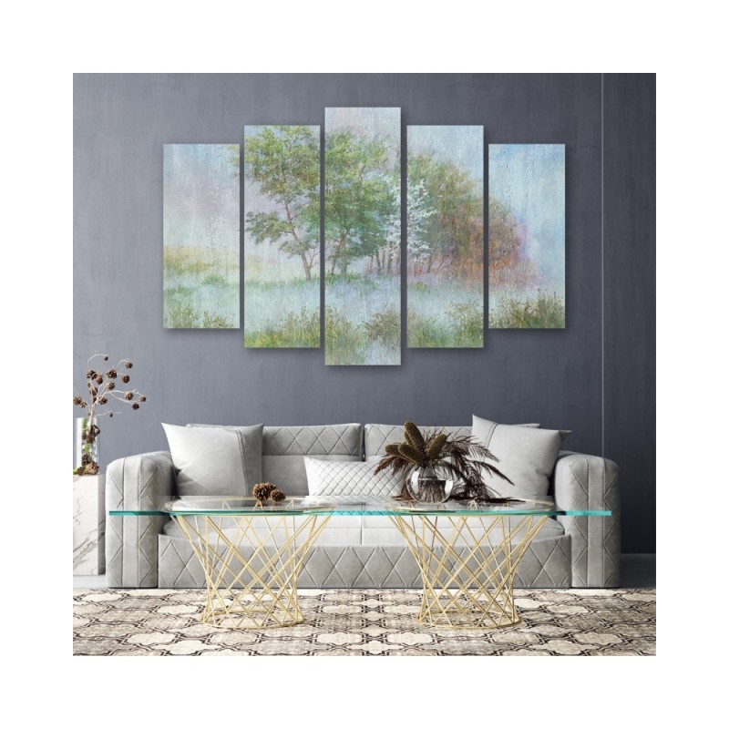 Modernes Wandbild - Bäume auf einer nebligen Wiese | Feeby