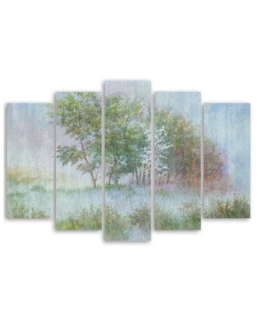 Modernes Wandbild - Bäume auf einer nebligen Wiese | Feeby