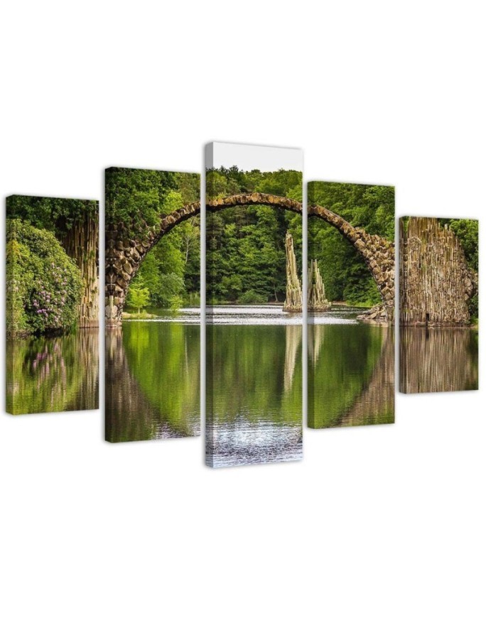 Dekoratives Leinwandbild - Alte Brücke See Wald | Feeby