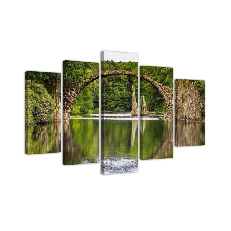 Dekoratives Leinwandbild - Alte Brücke See Wald | Feeby