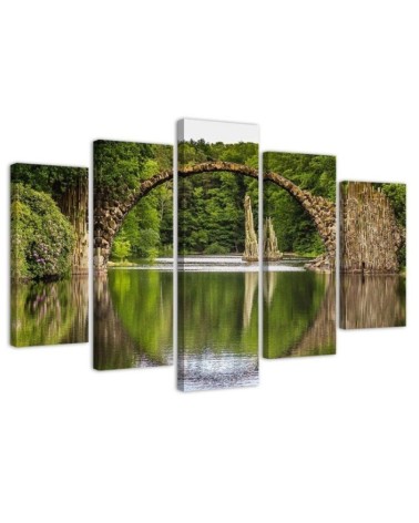 Dekoratives Leinwandbild - Alte Brücke See Wald | Feeby