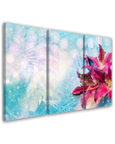 3 Piece Pink flowers on blue background - Canvas print | FEEBY
