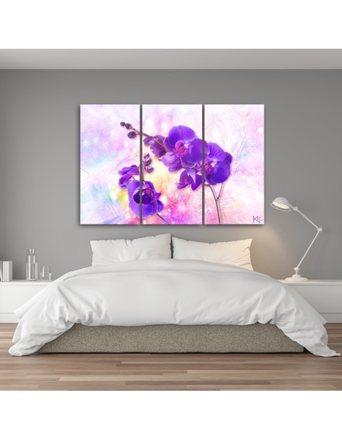 Obraz do salonu 3 częściowy - Fioletowy kwiat orchidei | FEEBY