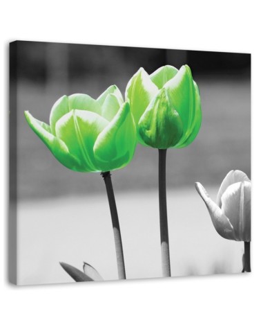 Canvas painting for living room - Green tulips in grey | FEEBY