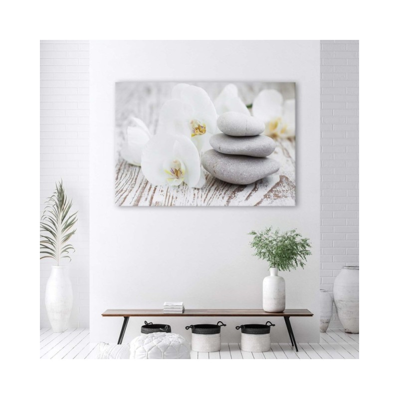 Wandbild für Wohnzimmer - Weiße Orchidee und Steine | Feeby