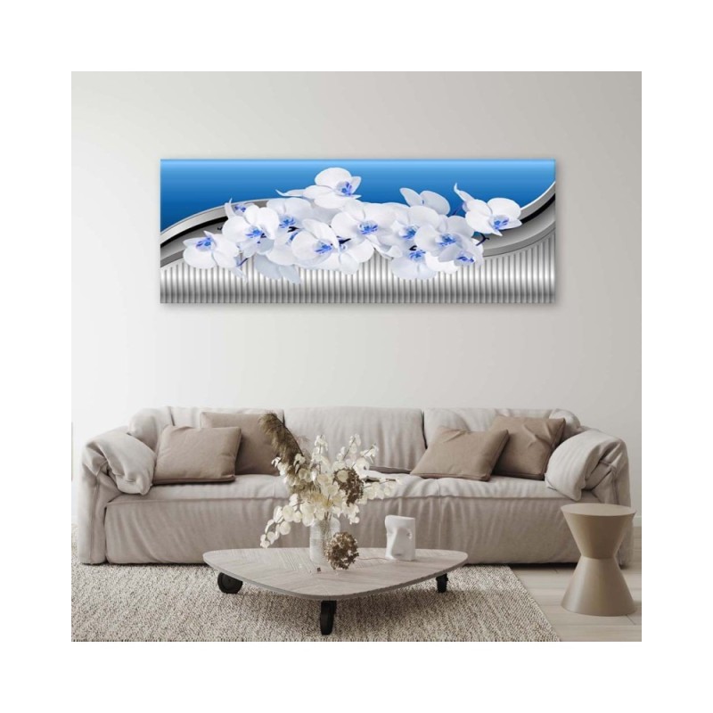 Leinwandbild - Weiße Orchidee auf blauem Hintergrund | Feeby