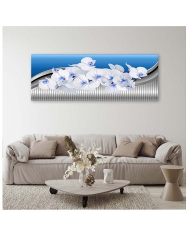 Leinwandbild - Weiße Orchidee auf blauem Hintergrund | Feeby