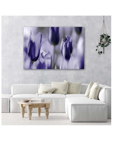 Dekoratives Leinwandbild - Lila Tulpen auf einer Wiese | Feeby