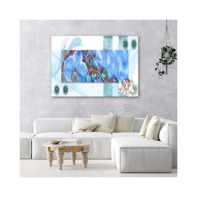 Wandbild für Wohnzimmer - Blaue Komposition mit Orchideen | Feeby