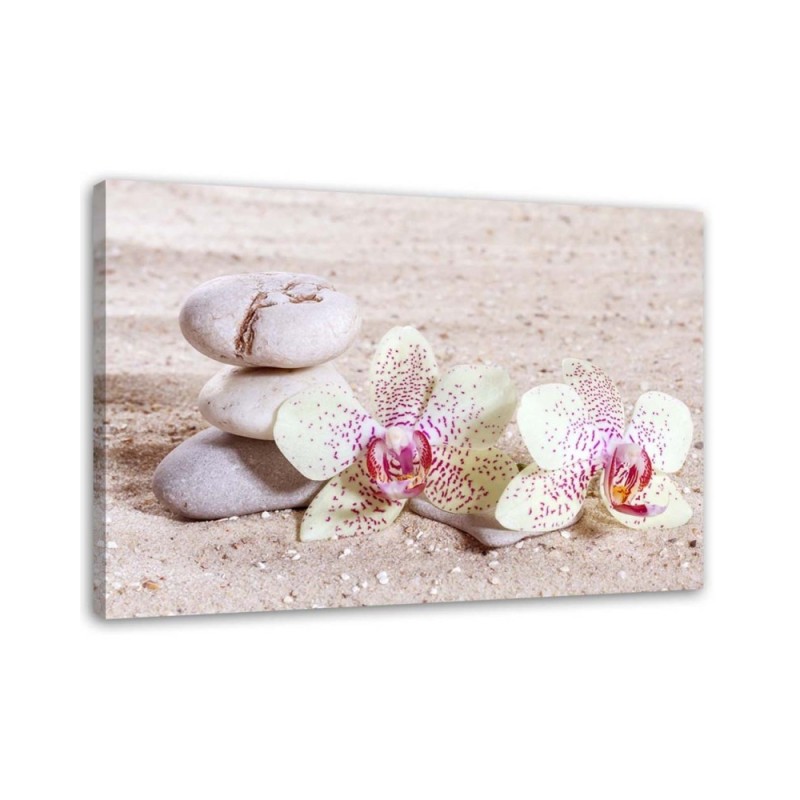 Dekoratives Leinwandbild - Orchidee und Steine auf Sand | Feeby