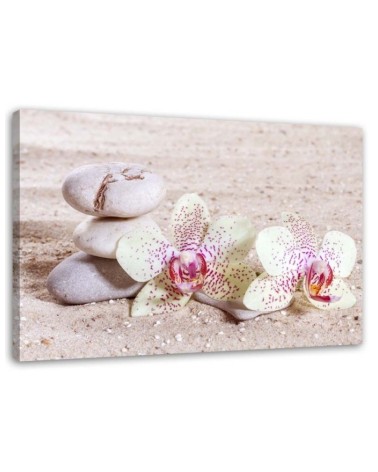 Dekoratives Leinwandbild - Orchidee und Steine auf Sand | Feeby
