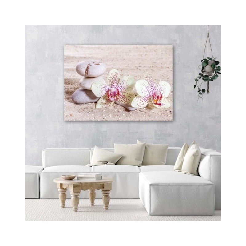 Dekoratives Leinwandbild - Orchidee und Steine auf Sand | Feeby