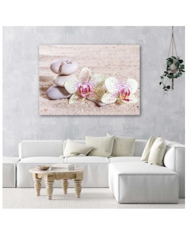 Dekoratives Leinwandbild - Orchidee und Steine auf Sand | Feeby