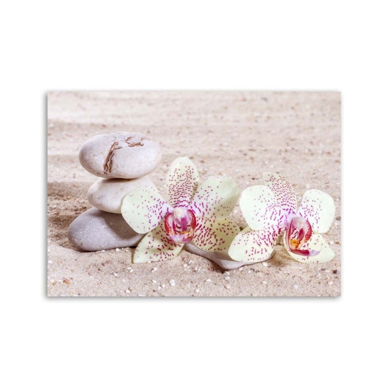 Dekoratives Leinwandbild - Orchidee und Steine auf Sand | Feeby