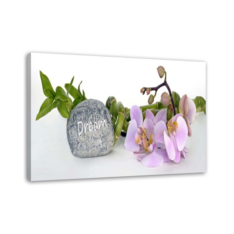 Leinwandbild - Orchideen am Stein mit Traum-Inschrift | Feeby