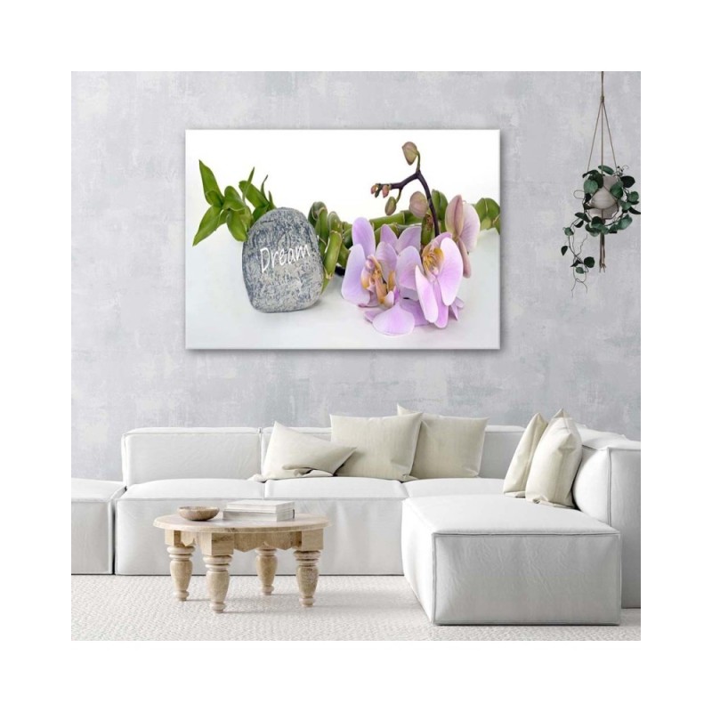 Leinwandbild - Orchideen am Stein mit Traum-Inschrift | Feeby