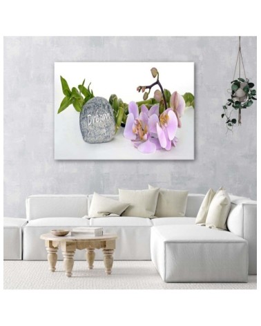 Leinwandbild - Orchideen am Stein mit Traum-Inschrift | Feeby
