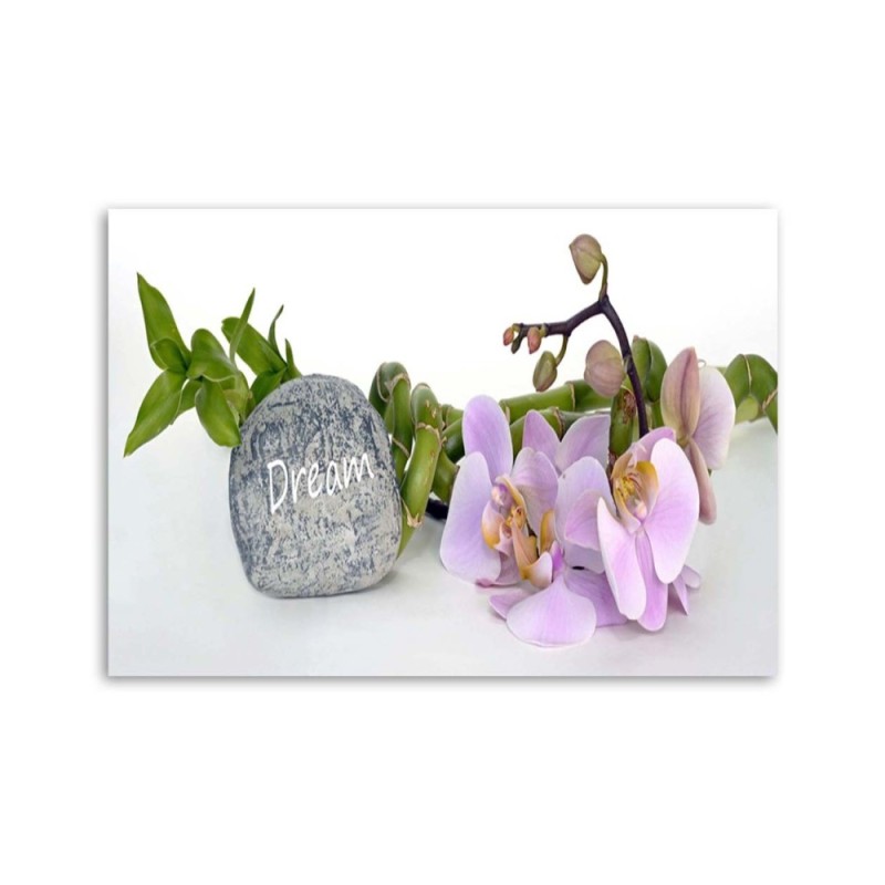 Leinwandbild - Orchideen am Stein mit Traum-Inschrift | Feeby