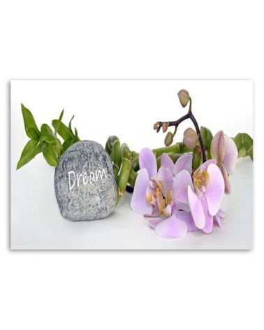 Leinwandbild - Orchideen am Stein mit Traum-Inschrift | Feeby