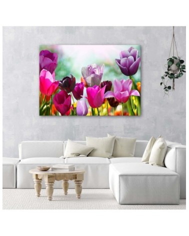 Leinwanddruck - Bunte Tulpen auf einer Wiese | Feeby
