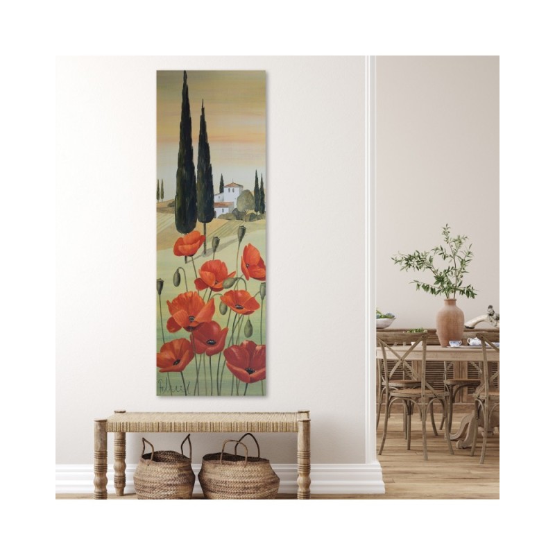 Leinwandbild - Mohnblumen und Haus im Hintergrund | Feeby