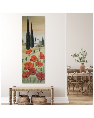 Leinwandbild - Mohnblumen und Haus im Hintergrund | Feeby