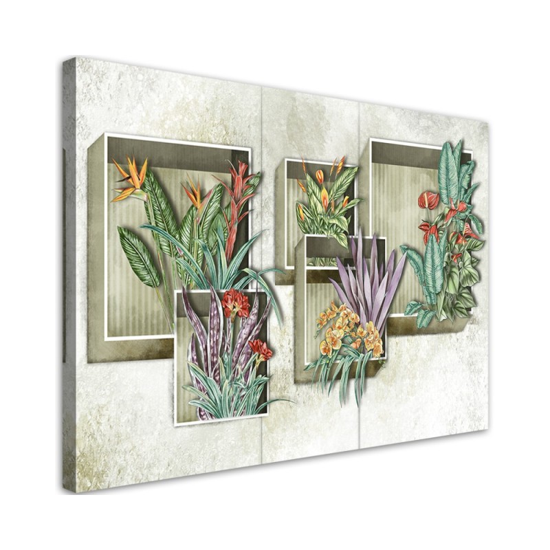 Leinwandbild - Quadratkisten Regale mit Blumen | Feeby