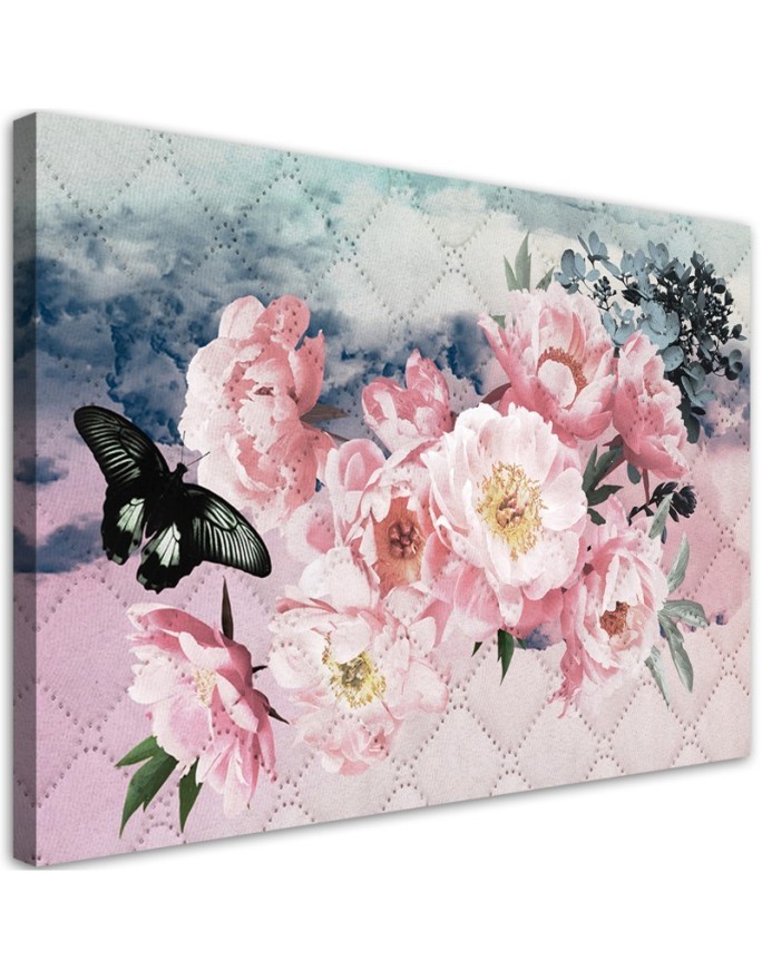 Wandbild für Wohnzimmer - Rosa Blumen und Schmetterling | Feeby