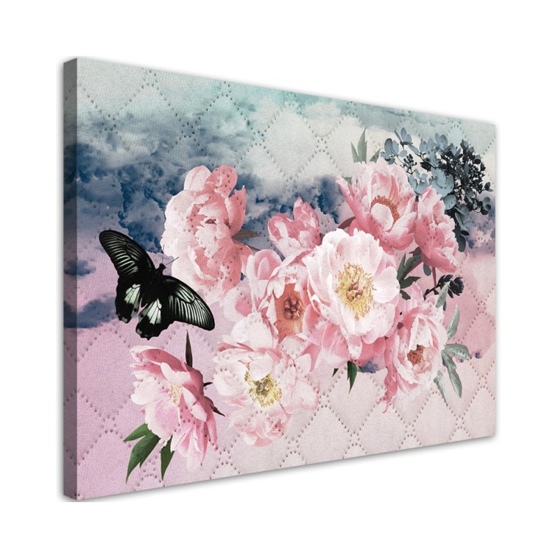 Wandbild für Wohnzimmer - Rosa Blumen und Schmetterling | Feeby