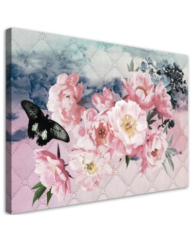 Wandbild für Wohnzimmer - Rosa Blumen und Schmetterling | Feeby