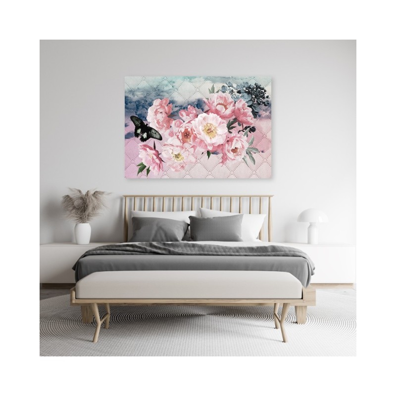 Wandbild für Wohnzimmer - Rosa Blumen und Schmetterling | Feeby