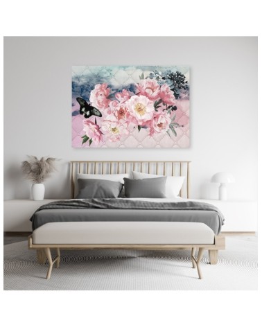 Wandbild für Wohnzimmer - Rosa Blumen und Schmetterling | Feeby