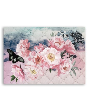 Wandbild für Wohnzimmer - Rosa Blumen und Schmetterling | Feeby