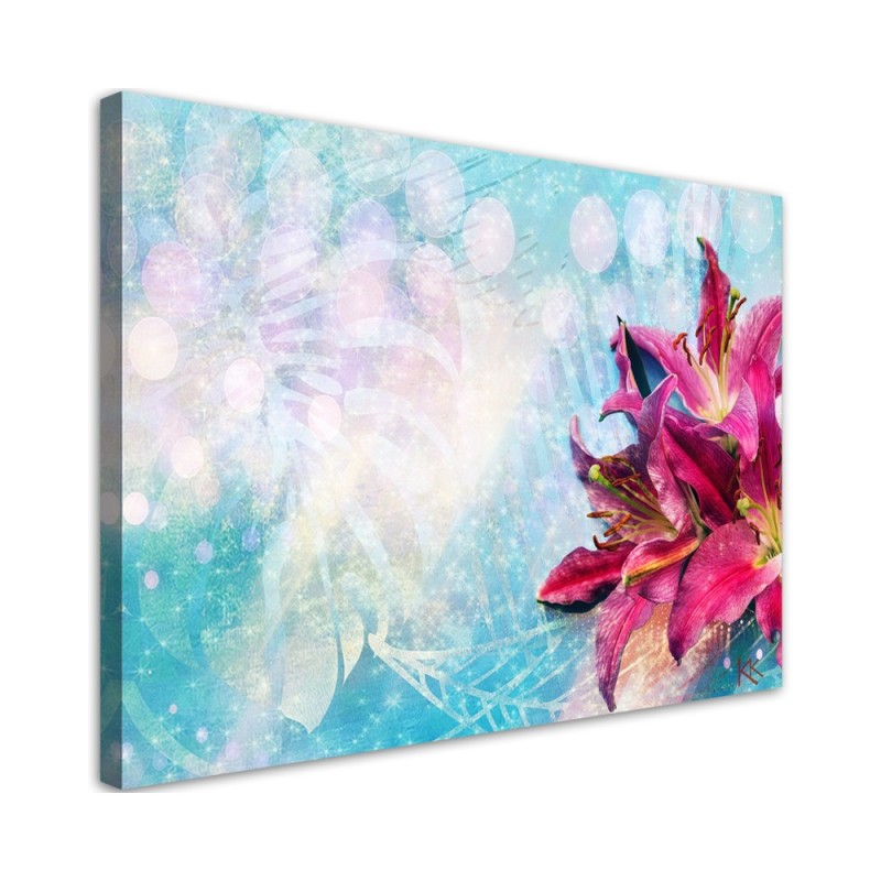 Leinwandbild - Rosa Blumen auf blauem Hintergrund | Feeby