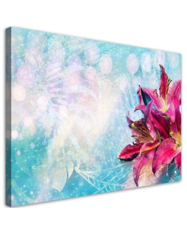 Leinwandbild - Rosa Blumen auf blauem Hintergrund | Feeby