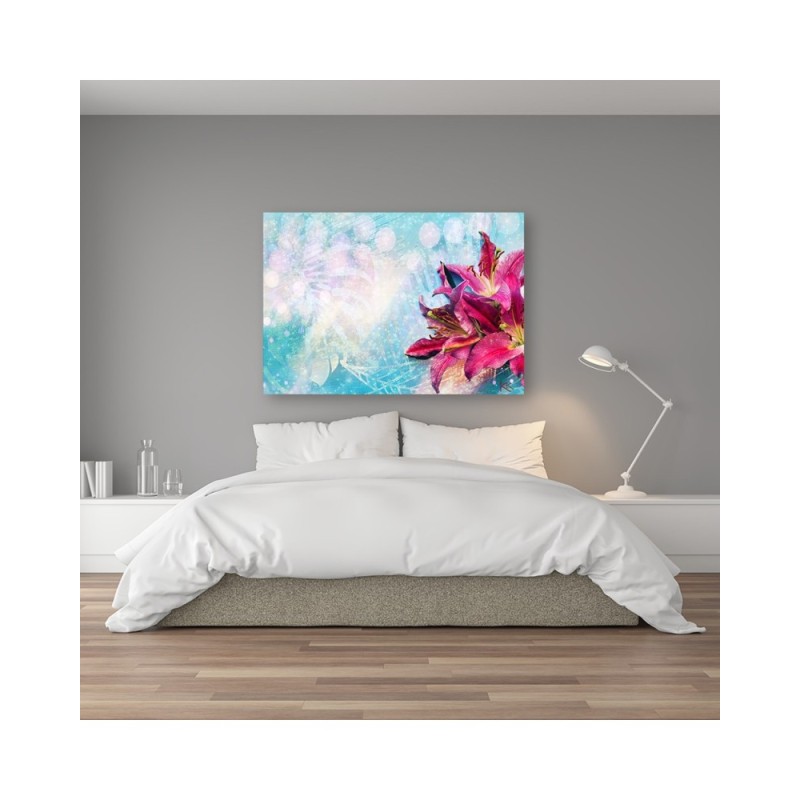 Leinwandbild - Rosa Blumen auf blauem Hintergrund | Feeby