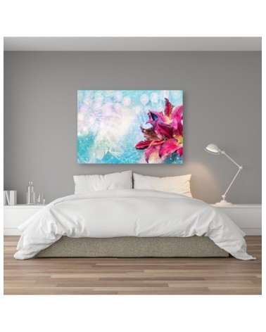 Leinwandbild - Rosa Blumen auf blauem Hintergrund | Feeby