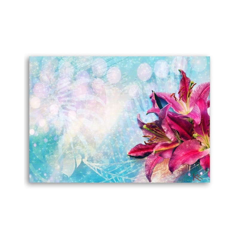 Leinwandbild - Rosa Blumen auf blauem Hintergrund | Feeby