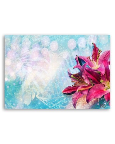 Leinwandbild - Rosa Blumen auf blauem Hintergrund | Feeby